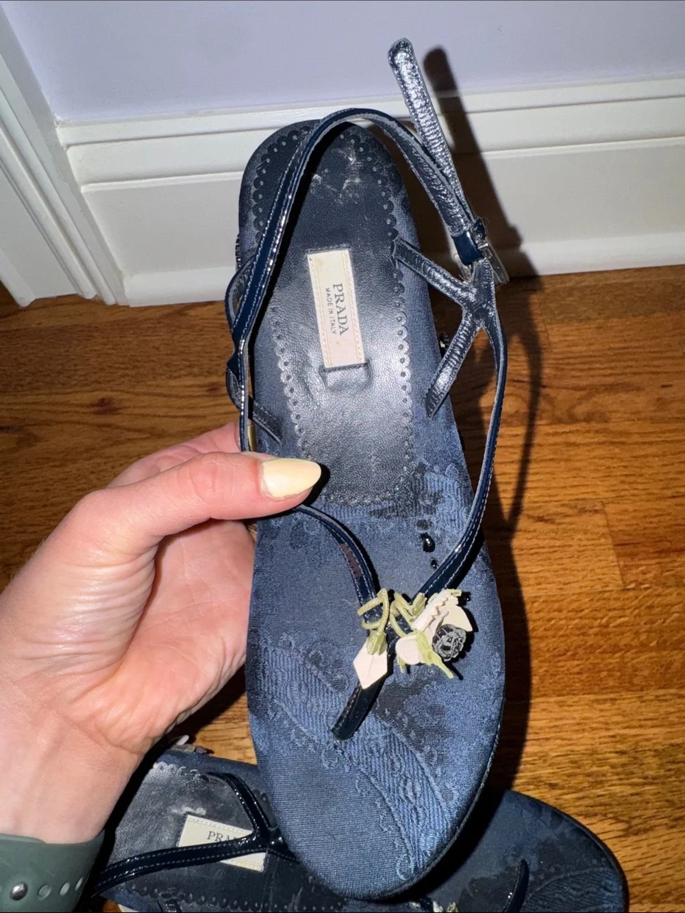 Prada Navy Floral Appliqué Wedge Sandals